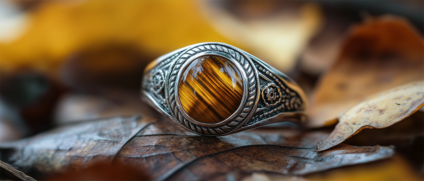 Серебряное кольцо инкрустированное тигровым глазом.