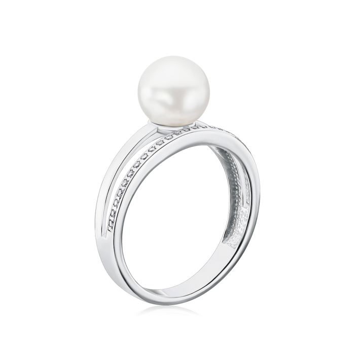 Срібна каблучка з штучною перлиною та фіанітами 001199/12/1/21381