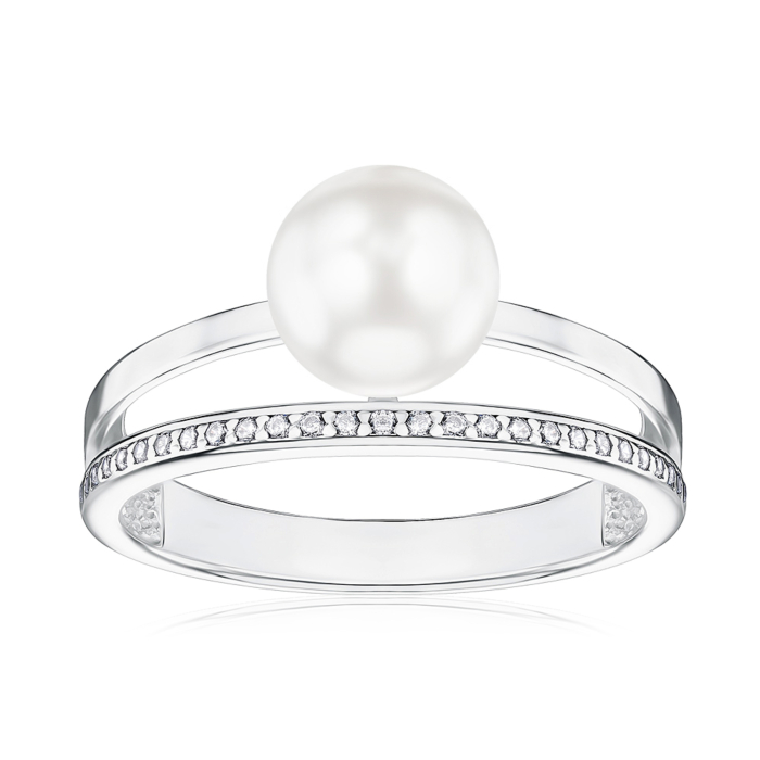Срібна каблучка з штучною перлиною та фіанітами 001199/12/1/21381