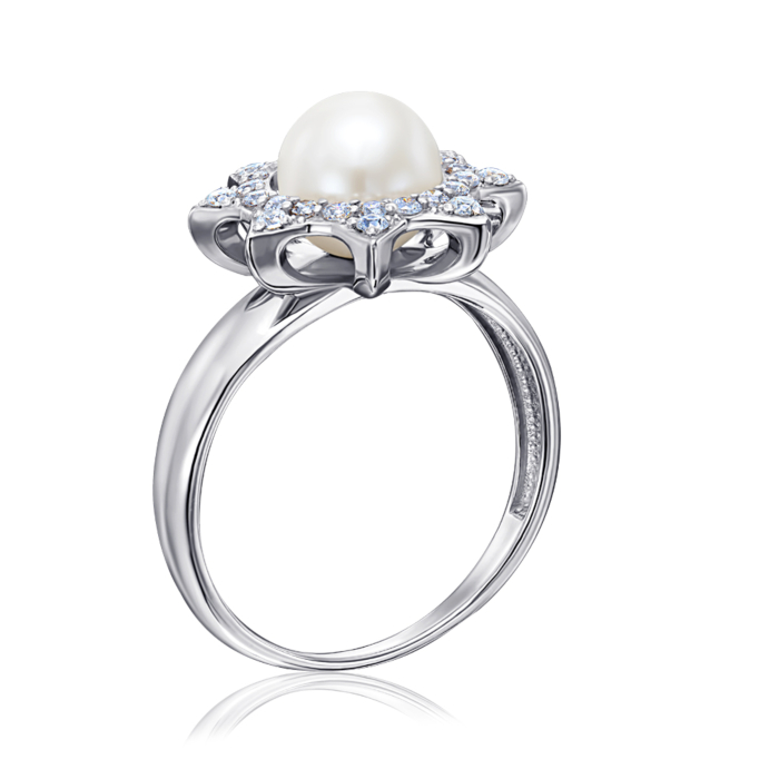 Серебряное кольцо с жемчугом и фианитами. Артикул 001280/12/1/1668