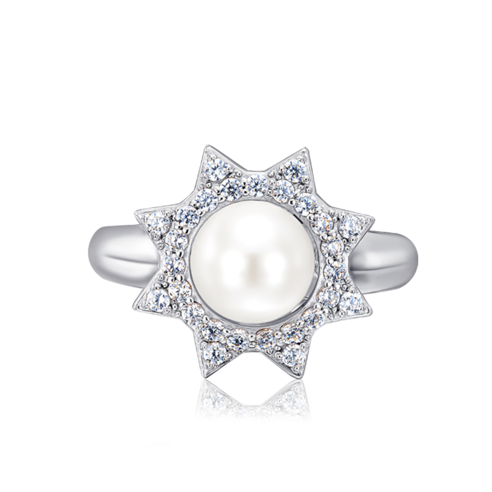Серебряное кольцо с жемчугом и фианитами. Артикул 001280/12/1/1668