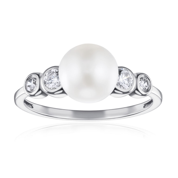 Серебряное кольцо с жемчугом и фианитами. Артикул 001501/12/1/21328