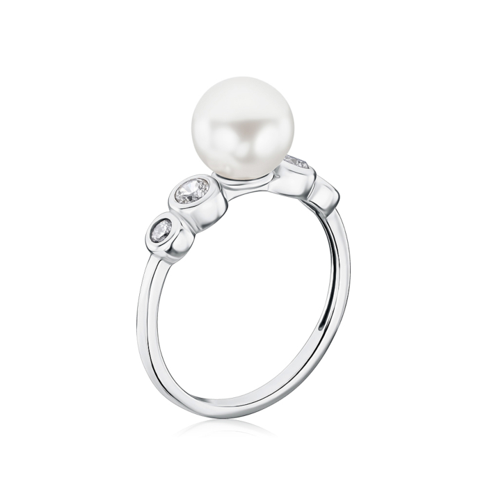 Серебряное кольцо с искусственной жемчужиной и фианитами 001501/12/1/21380