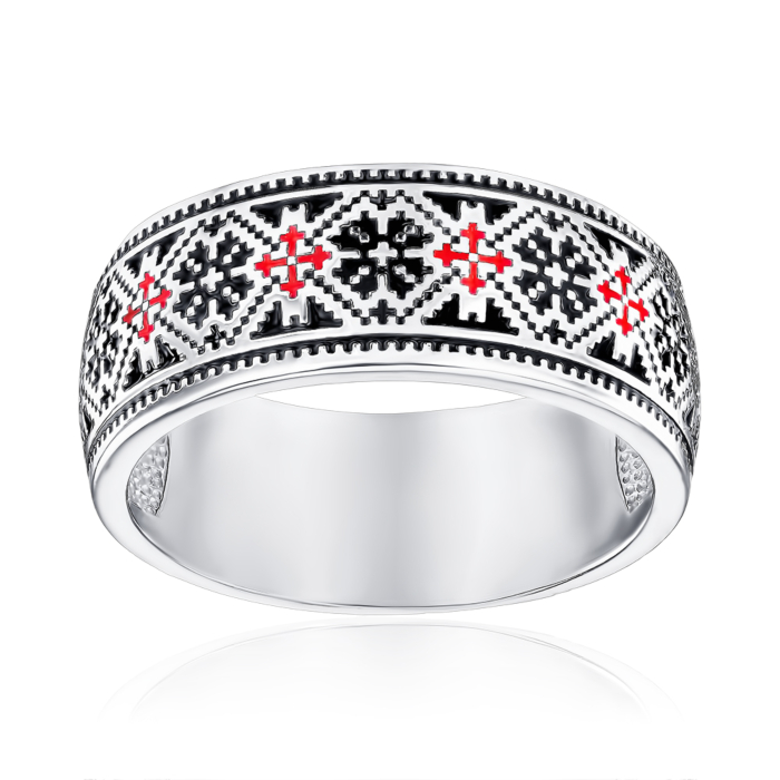 Срібна каблучка з чорною та червоною емаллю 00768/12/1/355