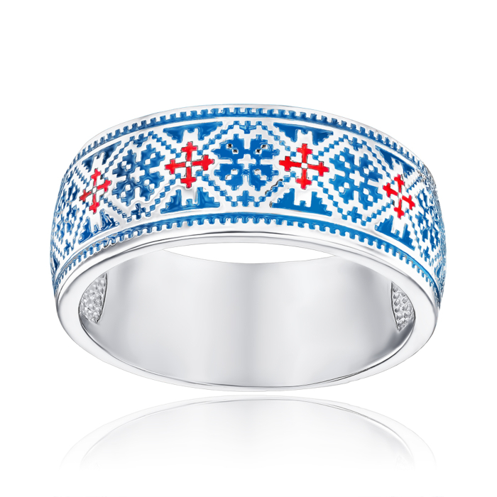 Срібна каблучка з синьою та червоною емаллю с00768/ск