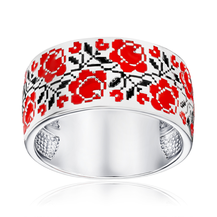 Срібна каблучка з червоною та чорною емаллю 00774/12/1/355