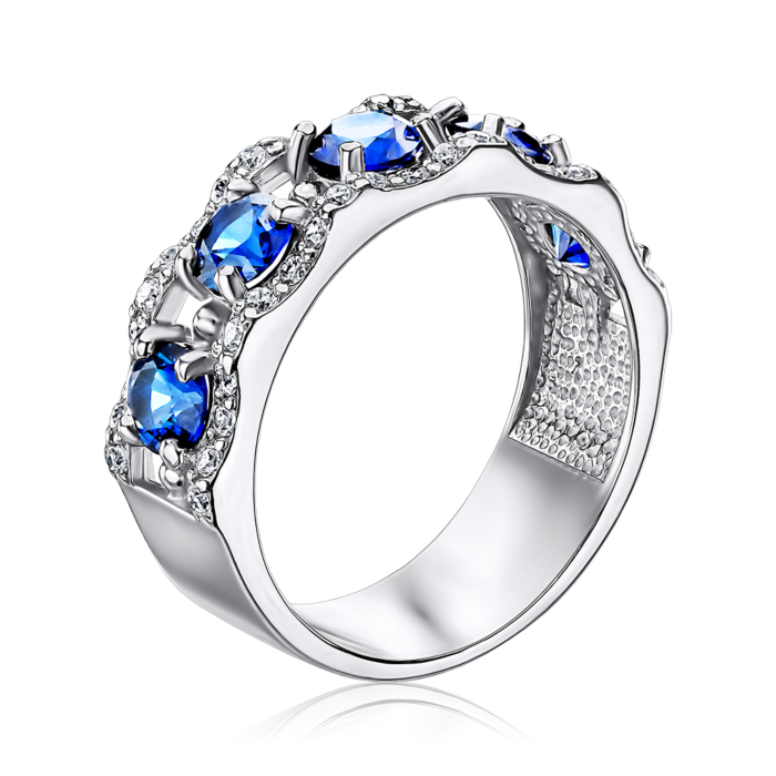 Срібна каблучка з сапфіром та фіанітами. Артикул 00856/12/1/1449