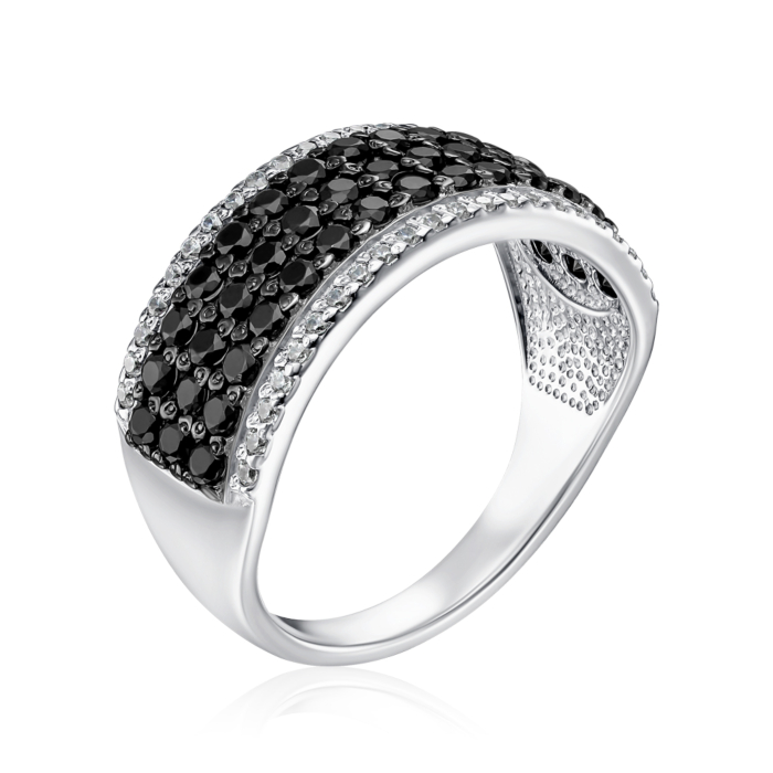 Срібна каблучка з чорними та білими фіанітами 00939/12/1/8