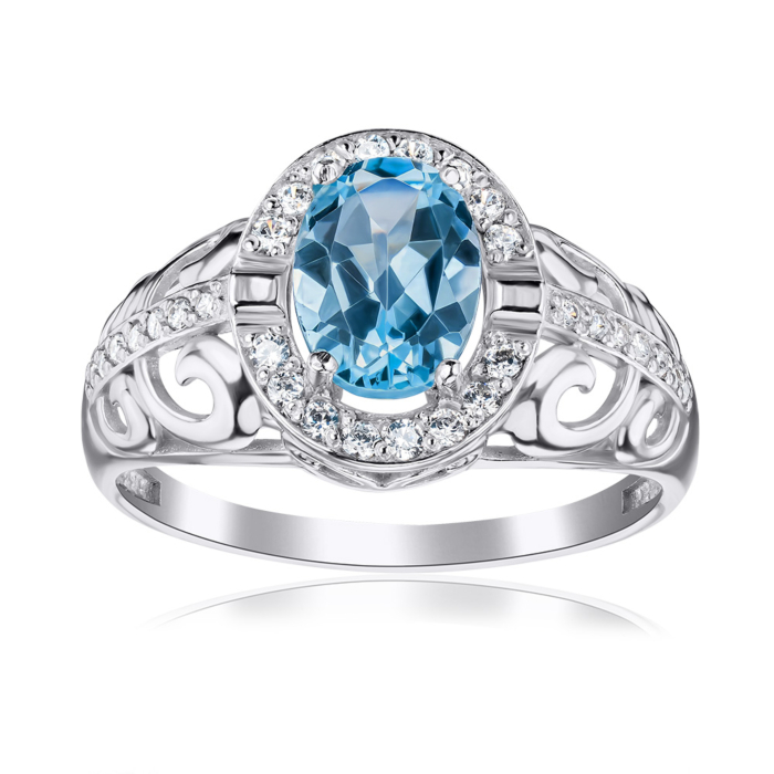 Срібна каблучка з блакитним топазом та фіанітами 00980/12/1/5926