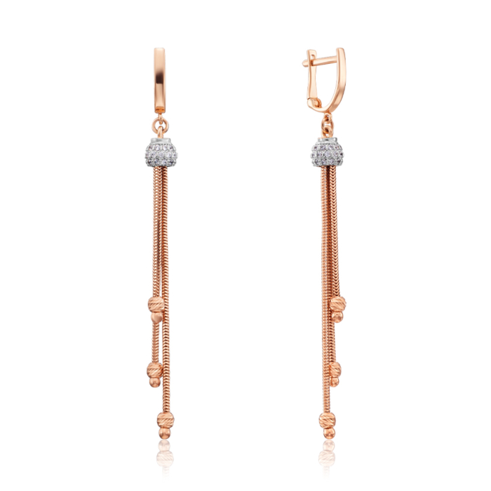 Золоті сережки-підвіски з фіанітами. Артикул 02890