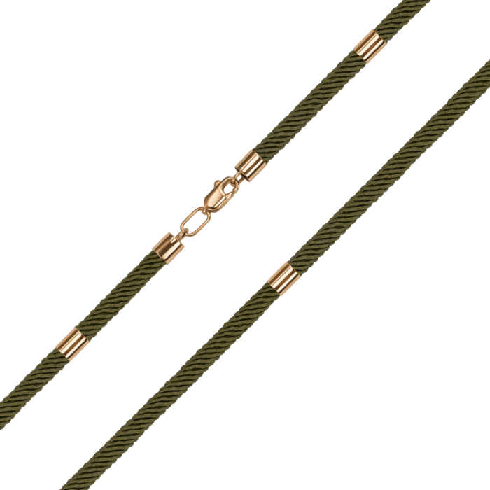 Ювелирный оливковый синтетический шнурок с золотыми вставками и золотым замком 06137-45/01/0