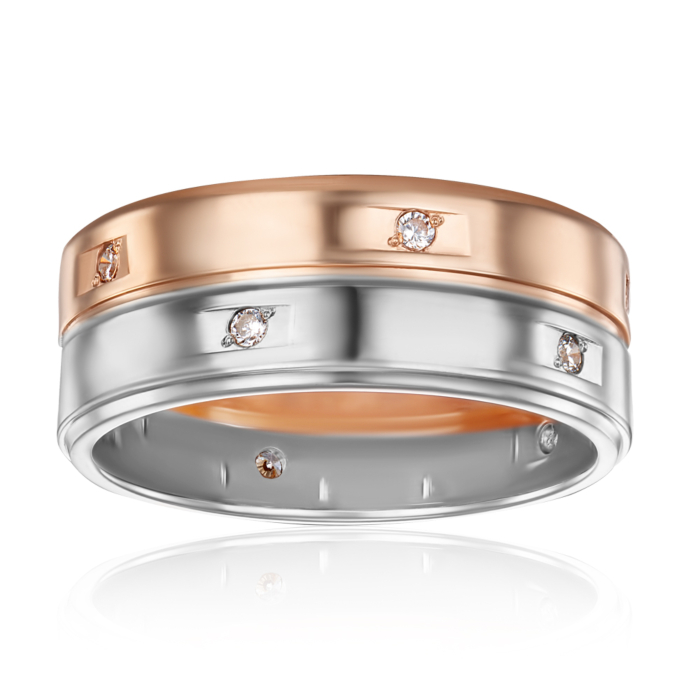 Обручальное кольцо комбинированное с фианитами. Артикул 1063/14/1/13