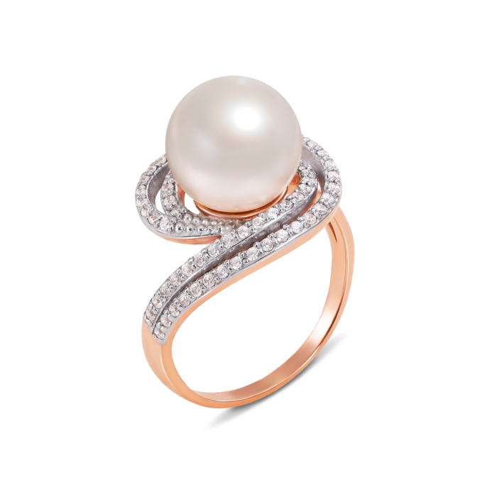 Золота каблучка з перлиною і фіанітами. Артикул 11988 с