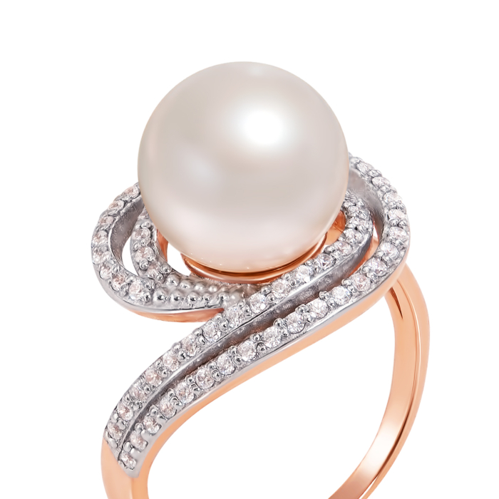 Золота каблучка з перлиною і фіанітами. Артикул 11988 с