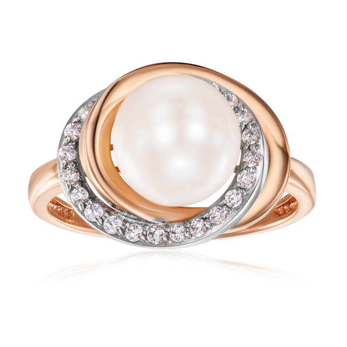 Золотое кольцо с жемчугом и фианитами. Артикул 12074/01/1/2151 (12074)