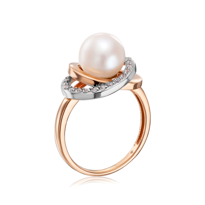 Золотое кольцо с жемчугом и фианитами. Артикул 12074/01/1/2151 (12074)