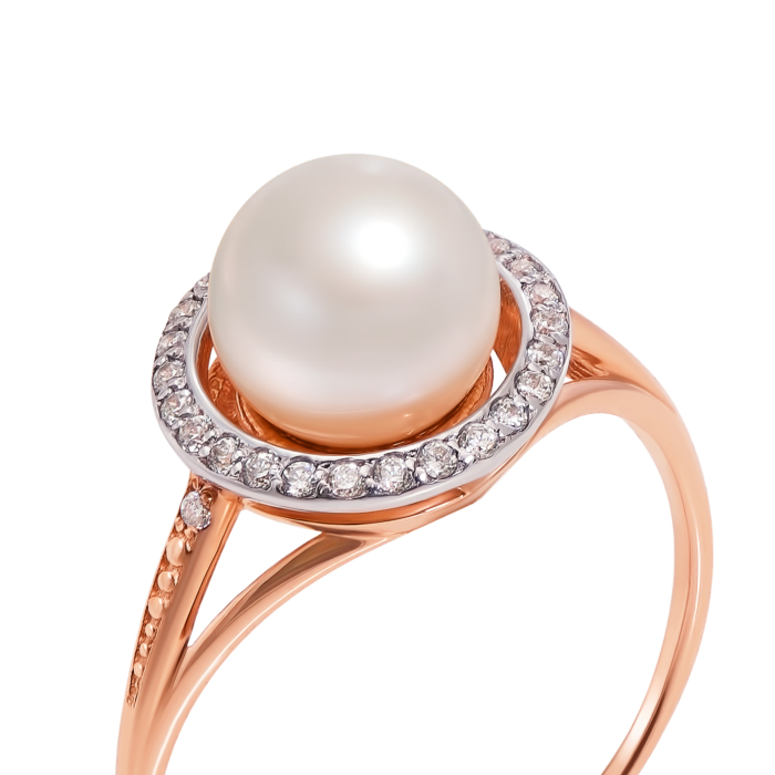 Золотое кольцо с жемчугом и фианитами. Артикул 12250