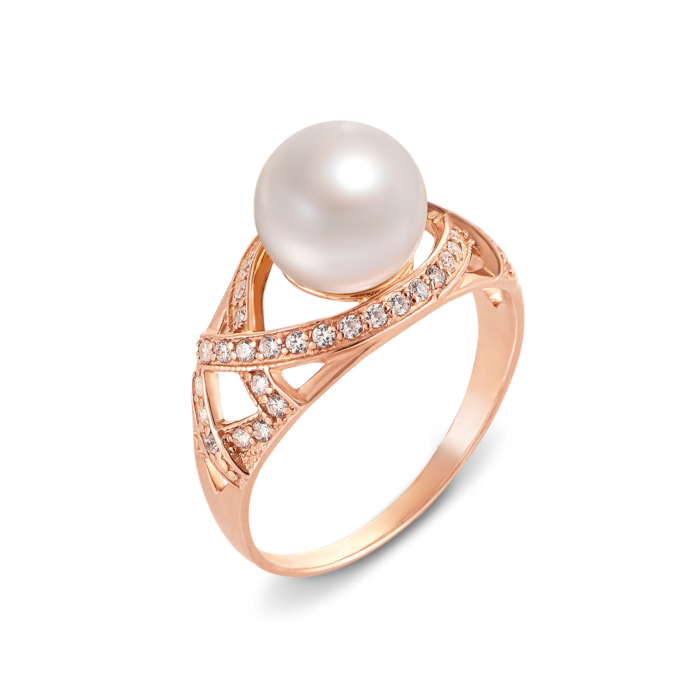 Золотое кольцо с жемчугом и фианитами. Артикул 12592
