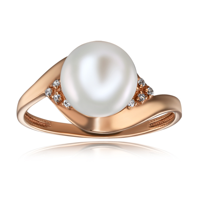 Золотое кольцо с жемчугом и фианитами. Артикул 12595/01/0/2007