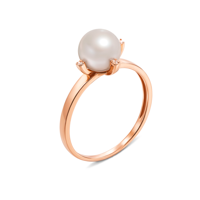 Золотое кольцо с жемчугом и фианитами. Артикул 12624 с