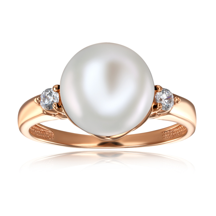 Золотое кольцо с жемчугом и фианитами. Артикул 13060