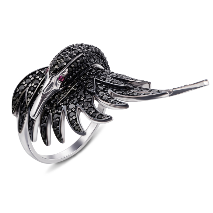 "Золота каблучка ""Лебідь"" з фіанітами. Артикул 13116/б ч"