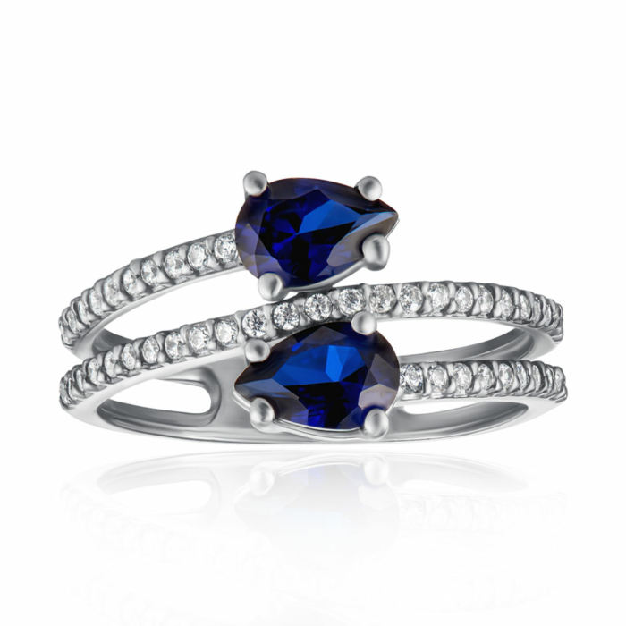 Срібна каблучка з фіанітами та сапфірами. Артикул 1312/1р-HSPH