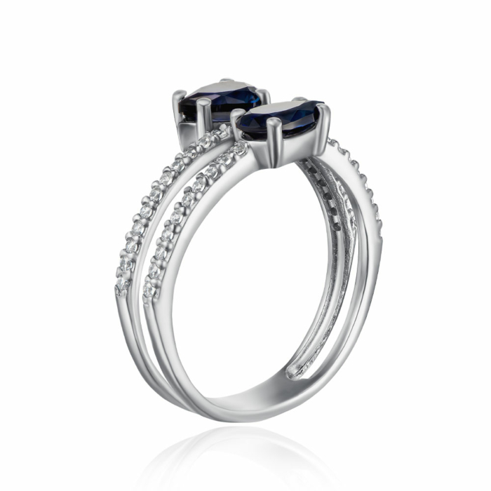 Срібна каблучка з фіанітами та сапфірами. Артикул 1312/1р-HSPH