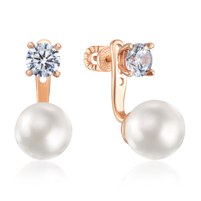 Золоті пусети-джекети з перлиною і фіанітом. Артикул 21874/01/0/1155