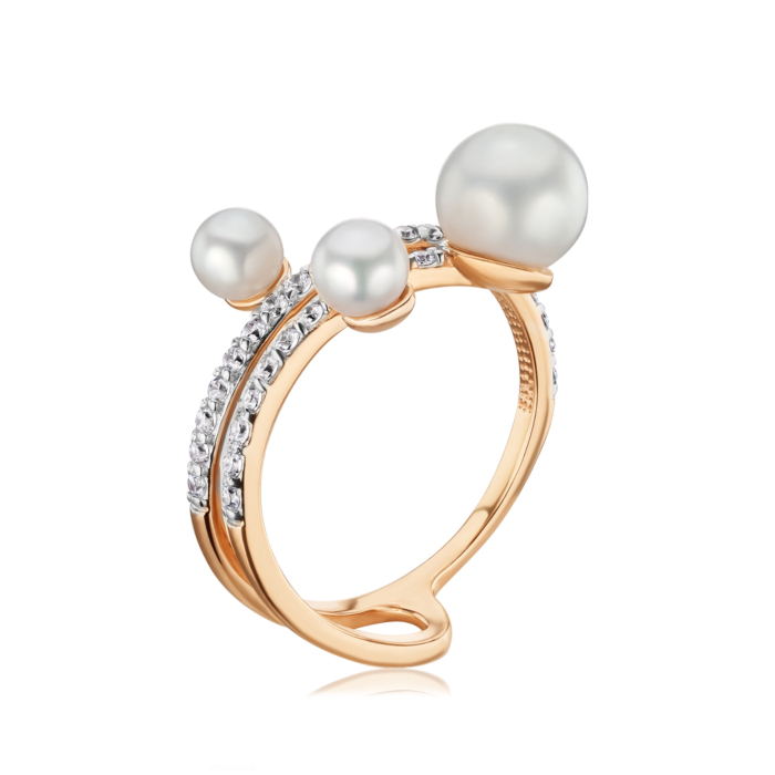 Каблучка з червоного золота з перлами та фіанітами. Артикул 13221/01/1/2375