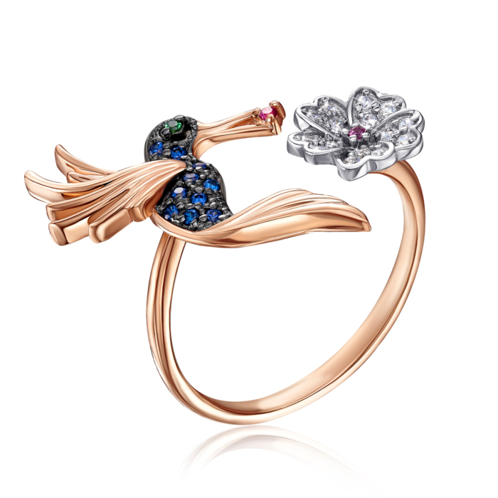 Золота каблучка «Колібрі» з фіанітами. Артикул 13301/01/1/1819