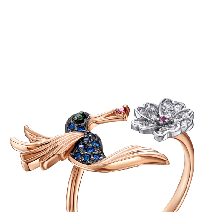 Золота каблучка «Колібрі» з фіанітами. Артикул 13301/01/1/1819