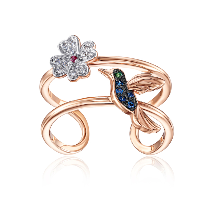 Золота каблучка «Колібрі» з фіанітами. Артикул 13339/01/1/1819