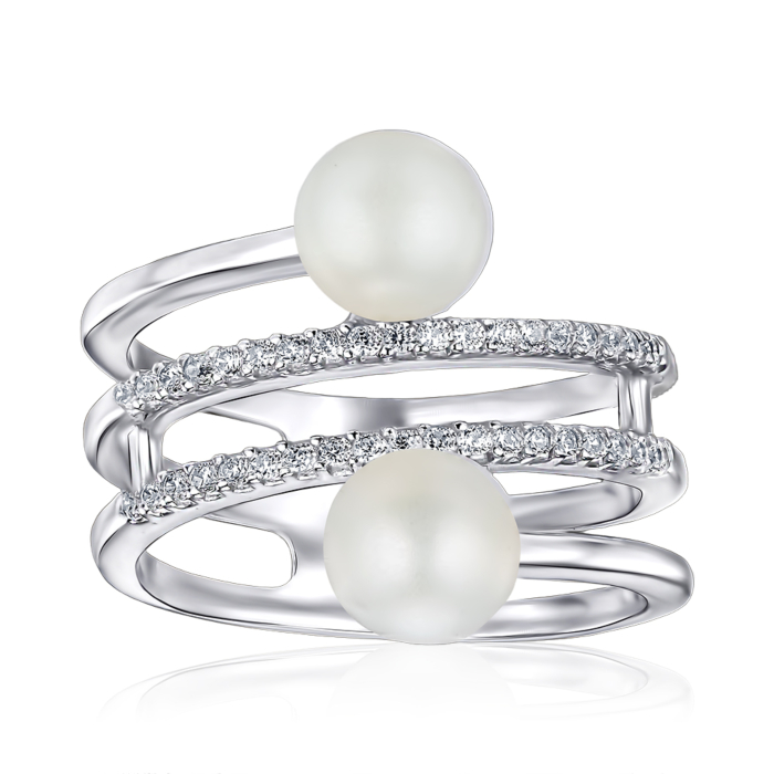 Серебряное кольцо с жемчугом и фианитами. Артикул 1375/1р-PWT