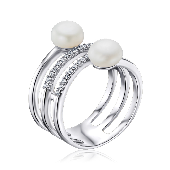 Серебряное кольцо с жемчугом и фианитами. Артикул 1375/1р-PWT