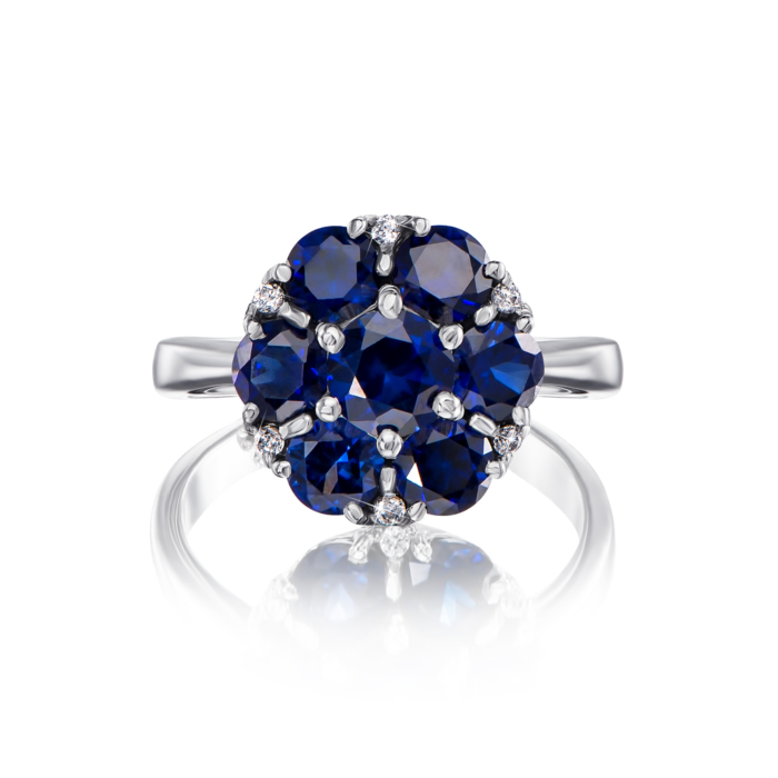 Срібна каблучка «Квітка» з сапфірами і фіанітами. Артикул 1386/1р-HSPH