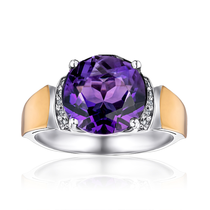 Срібна каблучка з золотими накладками з аметистом та фіанітами. Артикул 1433/1р-AMET