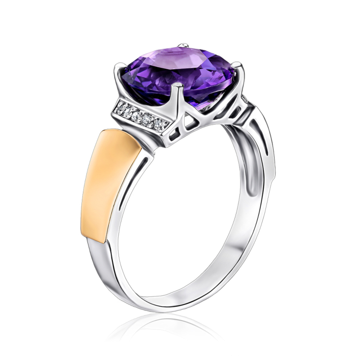 Срібна каблучка з золотими накладками з аметистом та фіанітами. Артикул 1433/1р-AMET