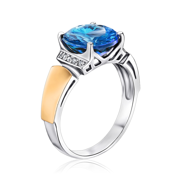 Серебряное кольцо с золотыми накладками с кварцем и фианитами. Артикул 1433/1р-QSWB