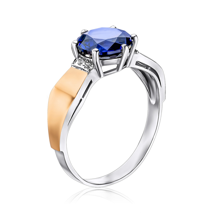 Срібна каблучка з золотими накладками з сапфіром та фіанітами. Артикул 1439/1р-HSPH