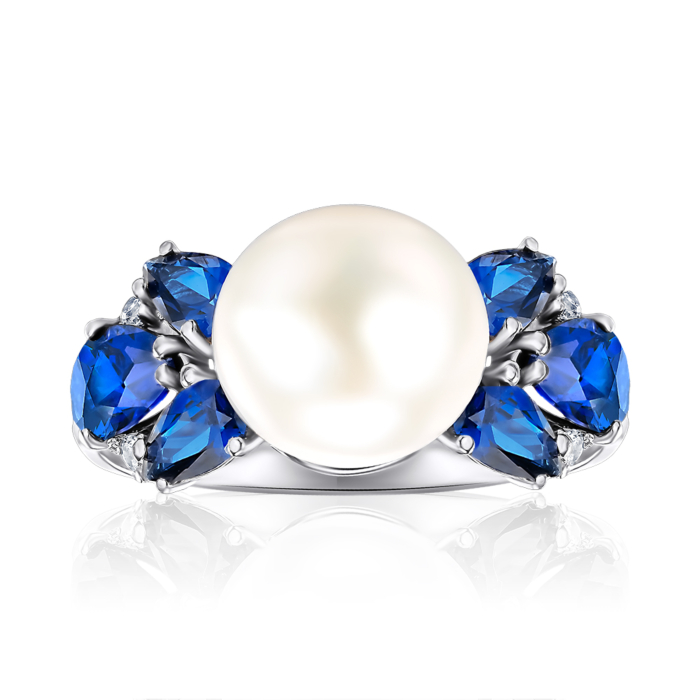 Срібна каблучка з перлиною та сапфірами. Артикул 1480/1р-PWTHS
