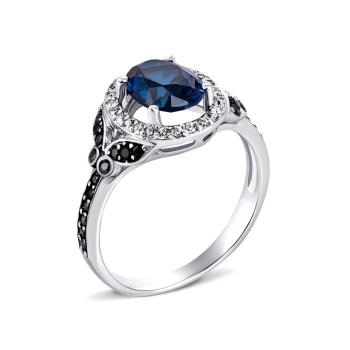 Серебряное кольцо с сапфиром и фианитами. Артикул UG51518чб/1р-NSPH