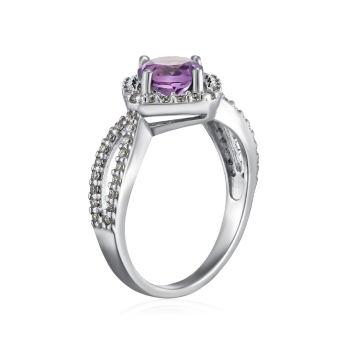 Срібна каблучка з аметистом та фіанітами. Артикул 1521/1р-AMET