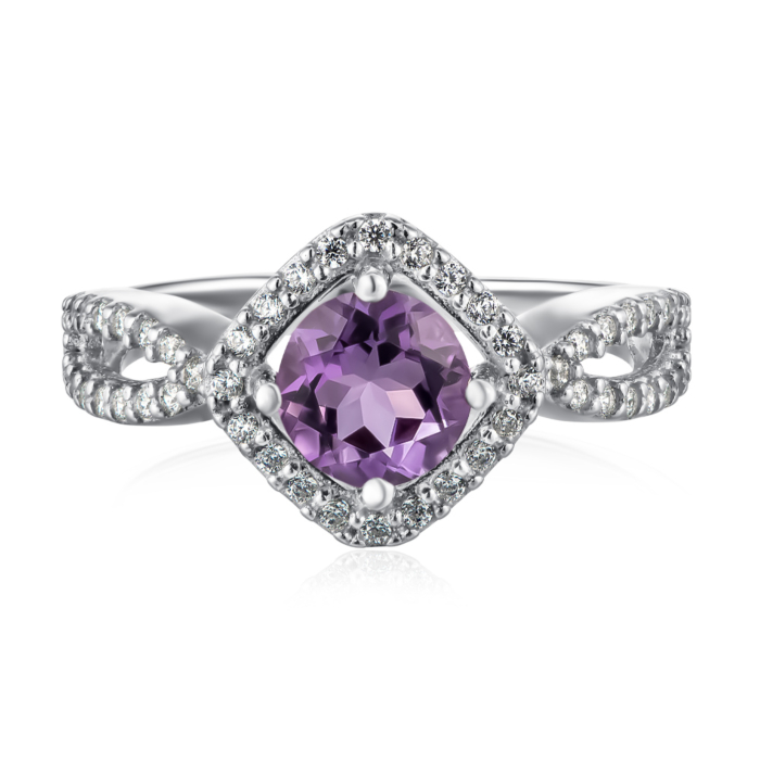 Срібна каблучка з аметистом та фіанітами. Артикул 1521/1р-AMET