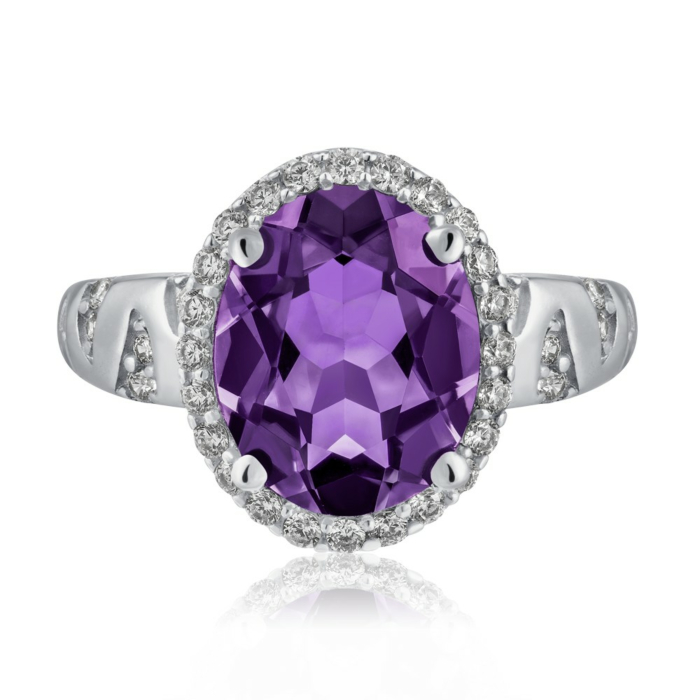 Срібна каблучка з аметистом та фіанітами. Артикул 1524/1р-AMET