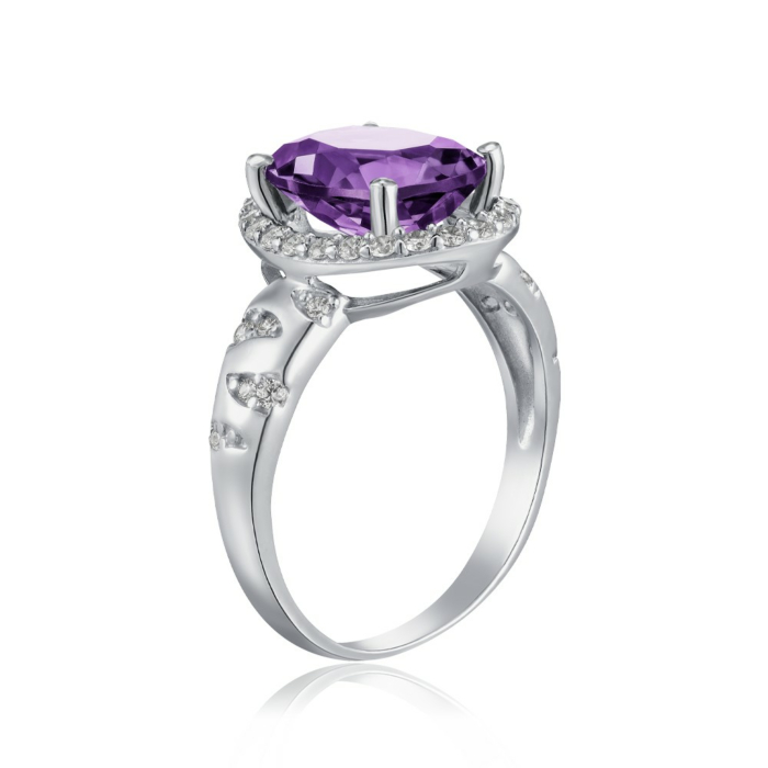 Срібна каблучка з аметистом та фіанітами. Артикул 1524/1р-AMET