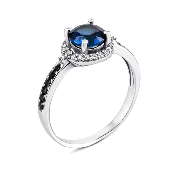 Срібна каблучка з гідротермальним сапфіром і фіанітами. Артикул UG51545чб/1р-HSPH