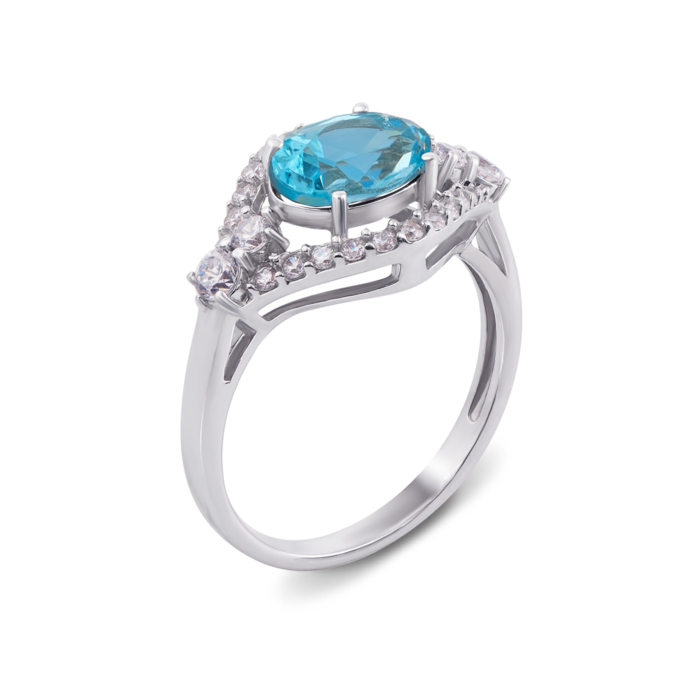 Срібна каблучка з блакитним кварцом і фіанітами. Артикул 1579/9р