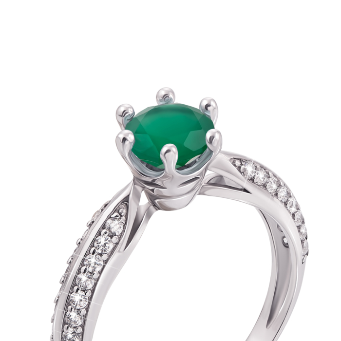 Серебряное кольцо с зеленым агатом и фианитами. Артикул 1580/9р