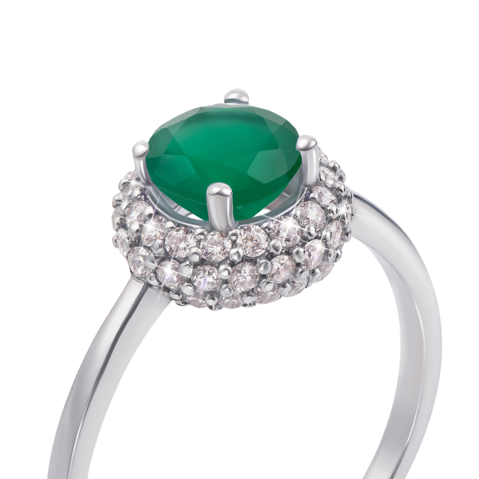 Серебряное кольцо с зеленым агатом и фианитами. Артикул 1581/9р